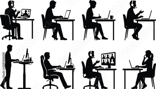 Photos Silhouettes of people working on laptops and attending video conference meetings
