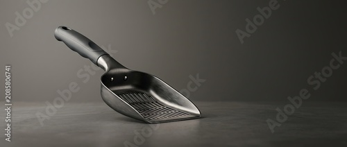 Stainless Steel Cat Litter Scoop with Ergonomic Handle on Gray Background