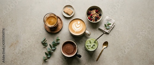 Top View of Coffee Varieties Matcha Latte and Healthy Granola Bowl