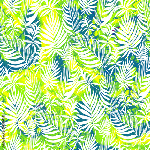Fresh acid green seamless pattern with silhouettes of tropical branch and leaves on white background. Perfect for fashion apparel fabric, trendy package, bedding, wallpaper, cloth textile.