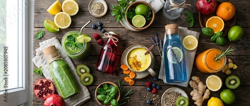 Variety of Healthy Detox Smoothies and Fresh Ingredients on a Rustic Wooden Table