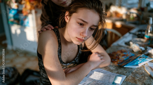 Middle schooler staring at folded report card on kitchen counter  school backpack dropped on floor beside it  parent s hand visible resting on shoulder from behind  autumn afternoon shadows across l