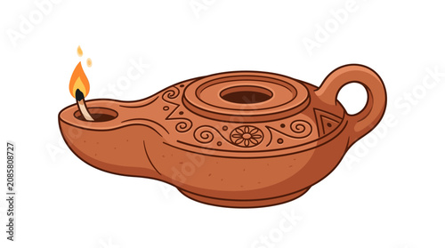 Canvas Print Ancient clay lamp with a lit wick burns brightly on a plain white background 001