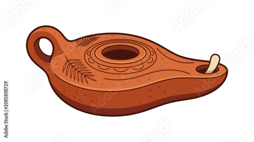 Schilderij op canvas Ancient clay lamp with wick and leaf design on a white background, 001