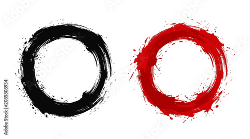 Two abstract ink circles, one black and one red, with a rough, brushstroke texture and splatter effect