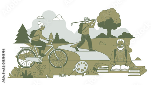 Active senior citizens enjoying various hobbies and outdoor leisure activities like cycling, hiking, and reading, promoting a healthy and fulfilling retirement lifestyle.