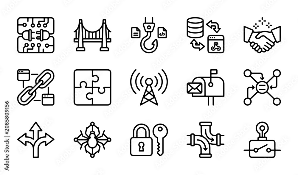 Fototapeta premium Modern Technology Line Icons, Digital Connectivity Vector Set, Business Solutions, Network Communication Symbols