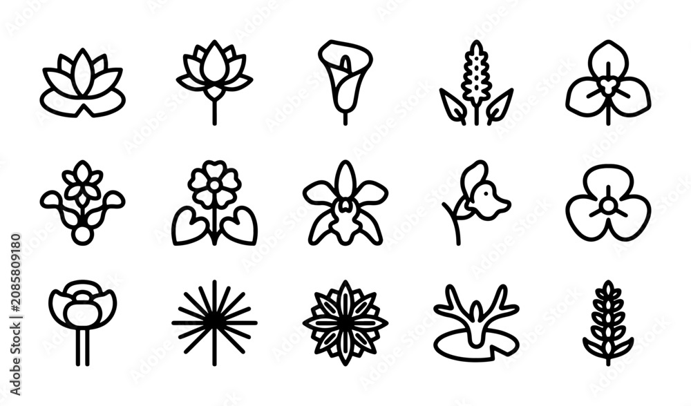 Fototapeta premium Minimalist Floral Line Icons, 15 Black Outline Flower Vector Graphics for Nature Designs