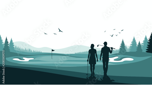 Couple walking on golf course with clubs, scenic landscape with trees and hills, leisure activity