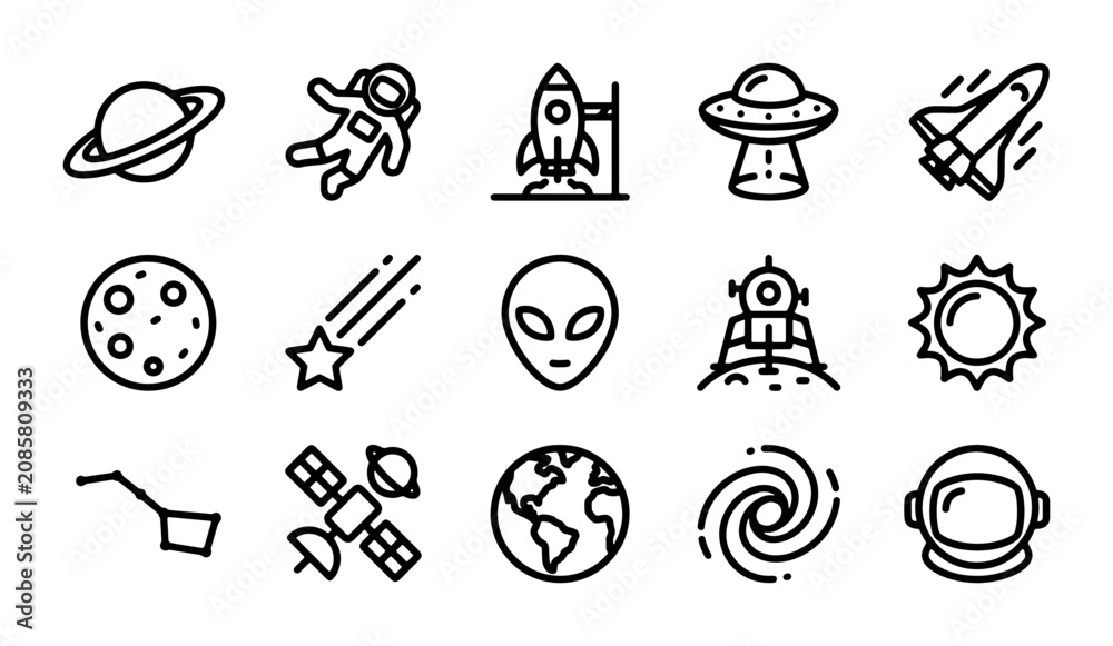 Fototapeta premium Space Exploration Vector Icons, Astronaut and Rocket Ship, Celestial Bodies and UFO, Galaxy and Planet Earth, 15 Line Art Icons