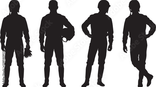 Vászonkép Equestrian Jockey Silhouettes Standing with Helmet and Gear

Silhouettes of four equestrian jockeys standing in different poses, wearing helmets and full riding gear