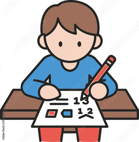 Child writing test paper with pencil at desk, education concept illustration