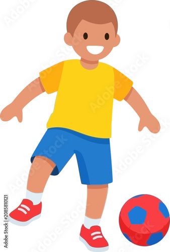 Happy Boy Playing Soccer, Kicking Football Ball, Cartoon Style, Isolated