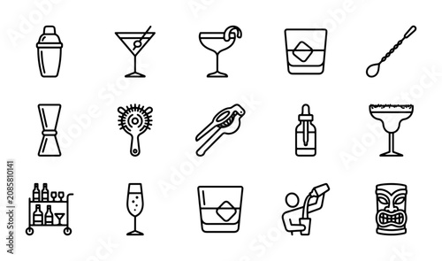 Foto Cocktail Bar Icons, Mixology Drinkware, Bartender Tools, Beverage Preparation Ve
