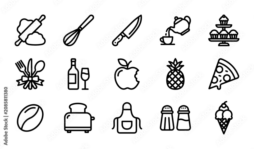 Fototapeta premium Cooking and Food Icons, Kitchen Utensils, Culinary Delights, Restaurant Menu Vector Set