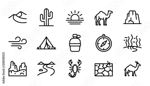 Photos Desert landscape line art icon set, 15 minimalist black and white vector icons for arid environment themes, travel, and adventure designs