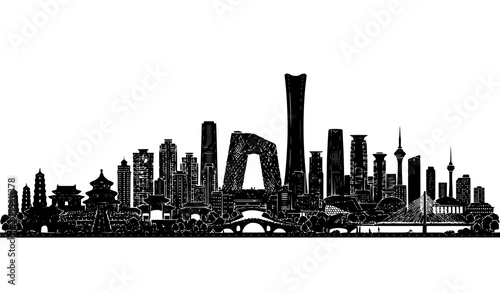 Cuadro en lienzo Black Beijing Skyline Panorama Vector With CCTV Headquarters Temple Of Heaven An