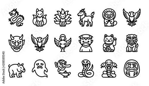 Foto Japanese mythical creatures vector icon set, traditional folklore animals and le