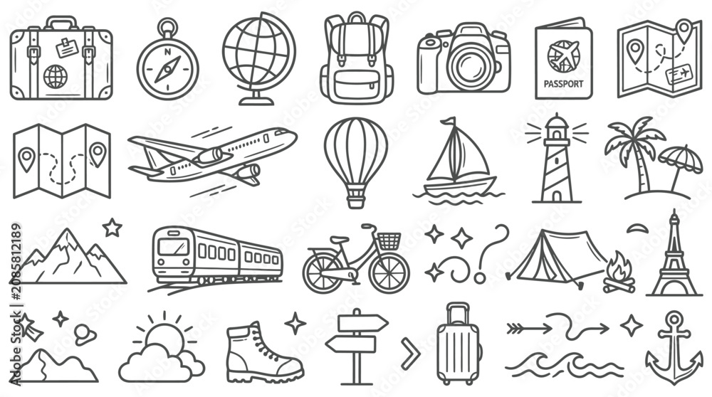 Fototapeta premium flat travel icon set with essential elements for global tourism adventure and transportation