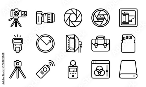 Εκτύπωση καμβά Photography Icons Set: Camera Gear, Lighting, Storage, and Editing Tools Vector