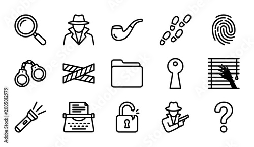 Detective Icons Set, Mystery Investigation Symbols, Crime Solving Vector Graphics, Forensic Clues