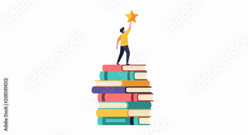 Education Achievement Concept: Man Standing on a Stack of Books Reaching for a Star Representing Success, Knowledge, and Personal Growth