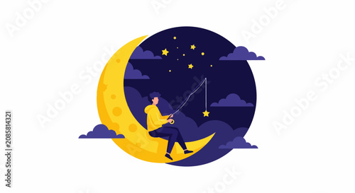 Dreamy Illustration of a Boy Sitting on a Crescent Moon Fishing for Stars in a Night Sky with Clouds. Fantasy Concept of Ambition, Goals, and Imagination. Flat Vector Design.