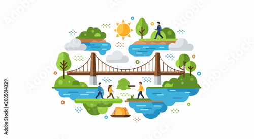 Sustainable Community Concept with Suspension Bridge Connecting Green Floating Islands, People Walking in Nature, Flat Vector Illustration