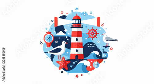 Nautical Flat Illustration Featuring a Red and White Lighthouse, Seagulls, Starfish, and Ocean Waves. Minimalist Maritime Vector Art for Travel and Coastal Branding.