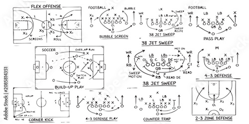 Valokuva Collection of various american football and soccer team tactic strategy diagrams