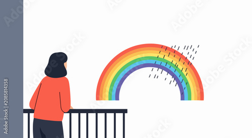 Minimalist Illustration of a Woman on a Balcony Watching a Rainbow and Rain Cloud, Concept of Hope, Resilience, and Mental Well-being