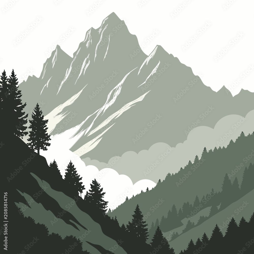 Fototapeta premium Mountain peak landscape with pine forest and clouds in flat design style mountain landscape