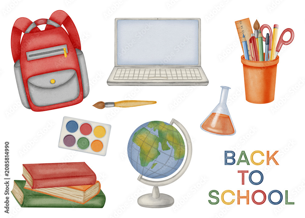 Obraz premium Watercolor illustrations with a Back to School theme, a backpack, laptop, books, and lettering. Perfect for educational banners, fall posters, back-to-school promotions, and children's textbooks