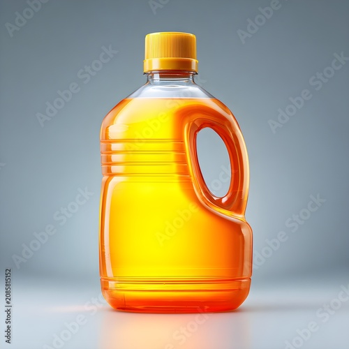 Clear plastic bottle filled with golden cooking oil with a yellow cap