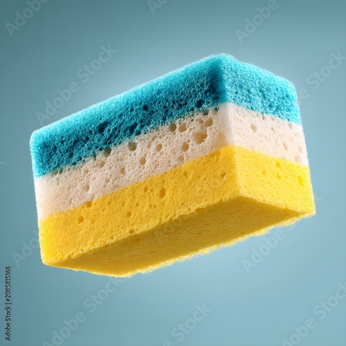 Multi colored cleaning sponge with blue white and yellow layers