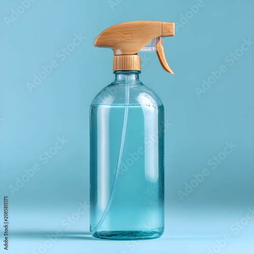 Clear glass spray bottle with blue liquid cleaner on a matching blue surface