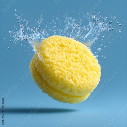 Yellow sponge cleaning tool with splashing water drops on blue background