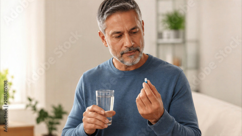 Mature man at home holding medicine capsule and glass of water, preparing to take daily supplement or medication for health.