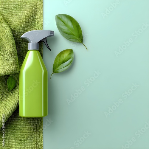 Green spray bottle with fresh leaves on a soft textured cloth surface