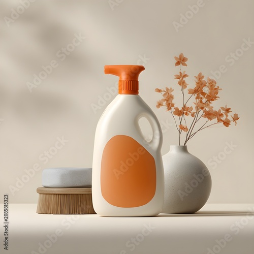 Plastic bottle with orange pump dispenser for liquid soap or cleaning detergent