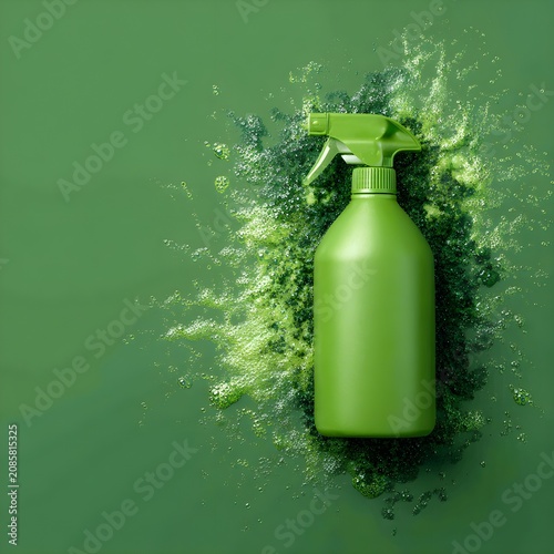 Green spray bottle with fresh leaves on a green background