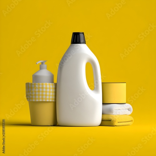 Cleaning supplies with detergent bottle and sponges on a yellow background