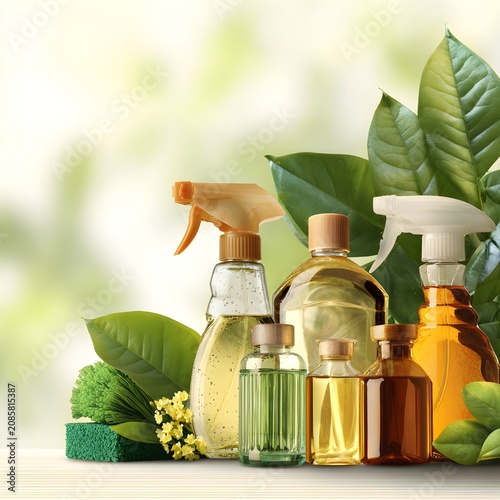 Natural cleaning spray bottles and organic sponges with fresh green leaves