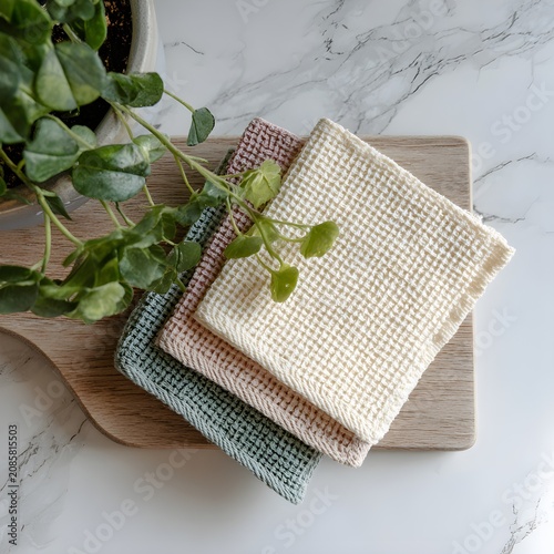 Three folded kitchen towels with plaid patterns on a wooden board