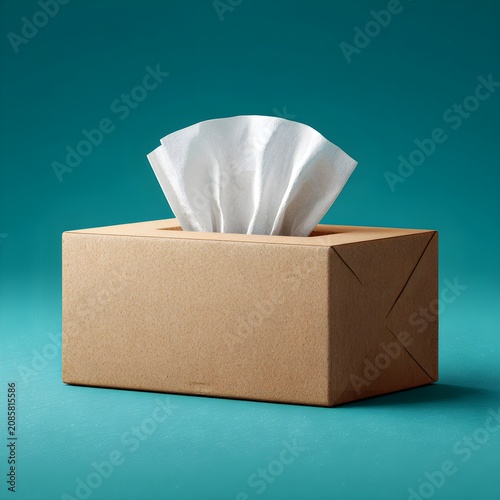 Cardboard tissue box with white paper napkins on a teal background
