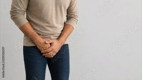 Man suffering from groin pain, urinary urgency, or prostate discomfort, holding his crotch with both hands, isolated on a light gray background