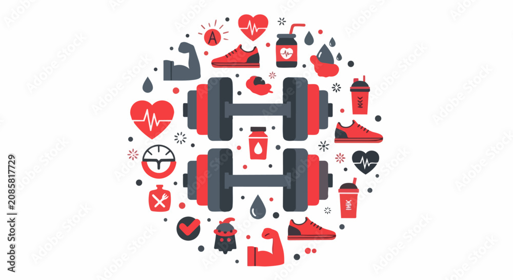 Fototapeta premium Fitness and Gym Icon Set Illustration in Circular Layout for Health and Workout Concept