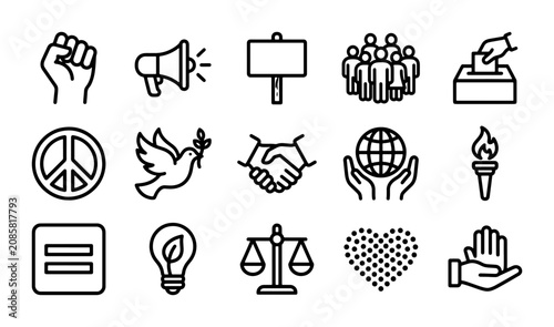 Social Justice Icons Set: Peace, Equality, Human Rights, Protest, Unity, Voting, Global Care