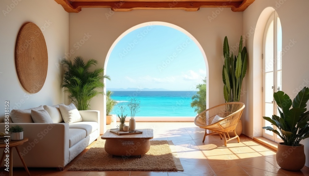 Fototapeta premium Comfortable white sofa and chair face ocean through archway. Plants add life to sunlit room. Wood beams frame bright blue sea view. Relaxing ambiance.