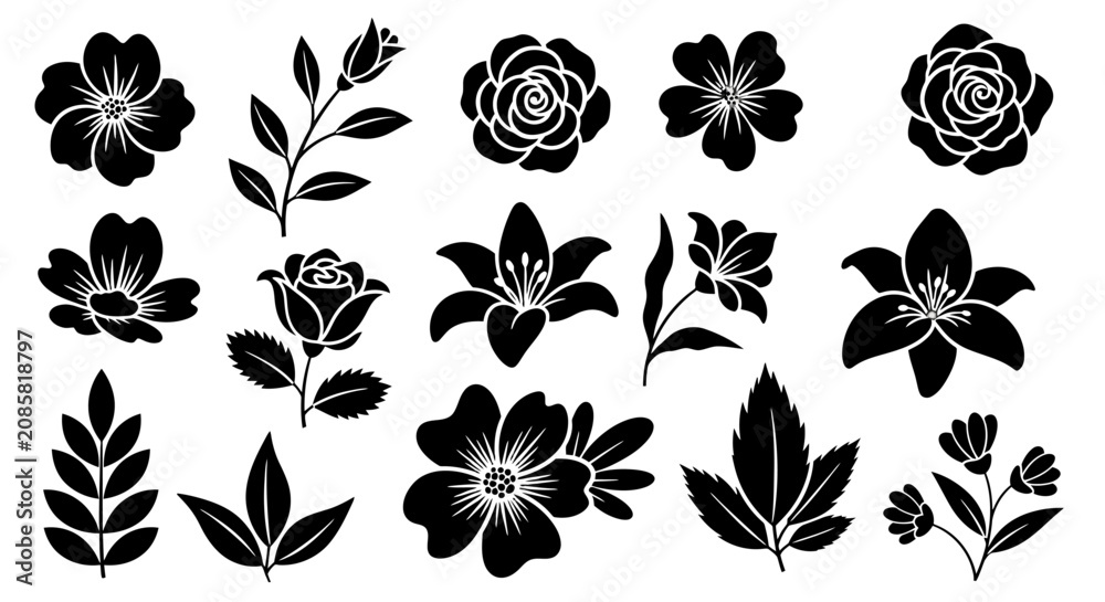 Obraz premium Diverse Collection of Black and White Flower and Leaf Silhouettes, on an isolated white background.